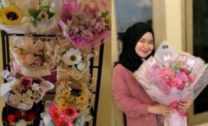 Ilustrasi rangkaian bunga kreatif dengan konsep pengiriman unik dan personal untuk hadiah spesial